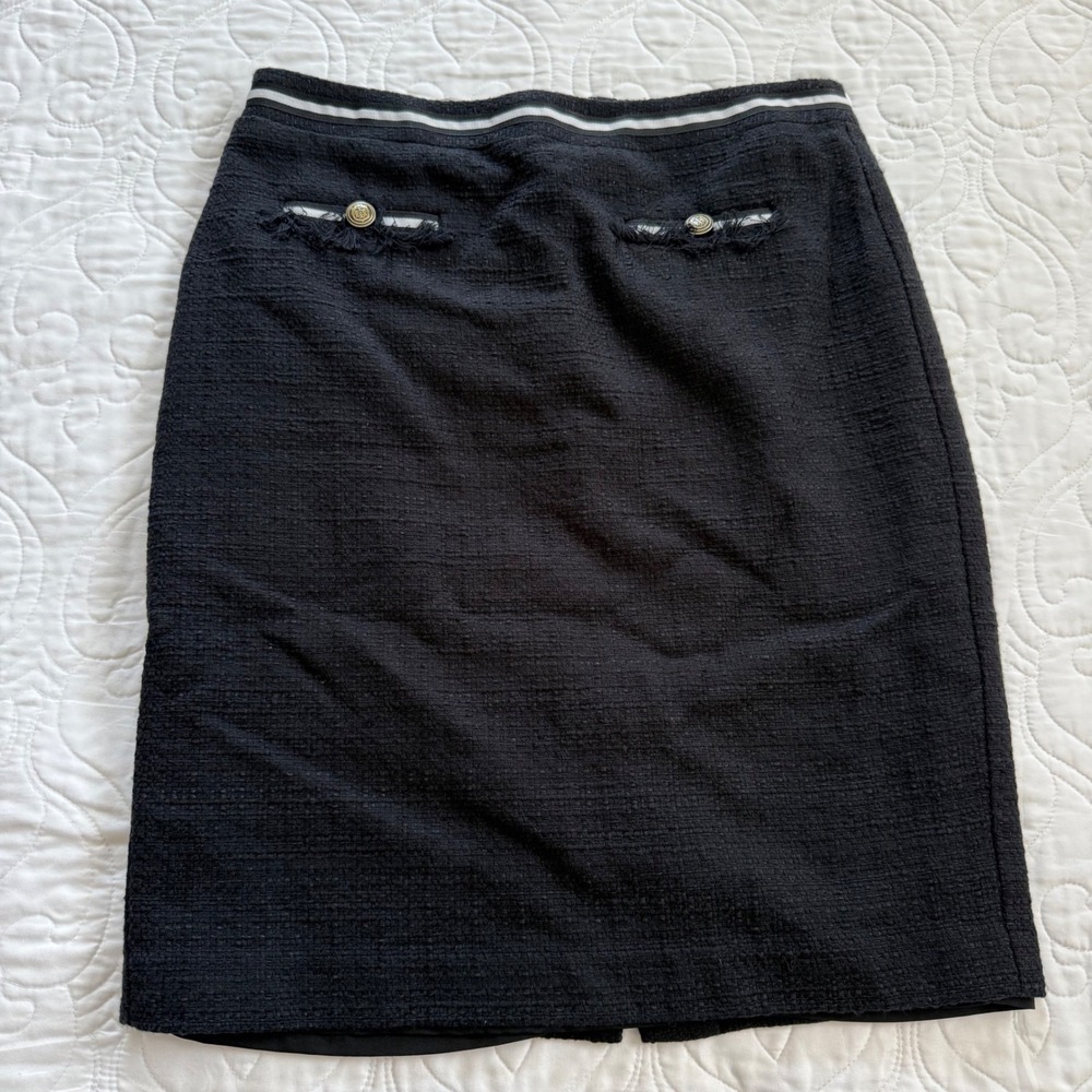 Talbots Black Classic Tweed Pencil Skirt Gold Crest Buttons Preppy Career 6P EUC